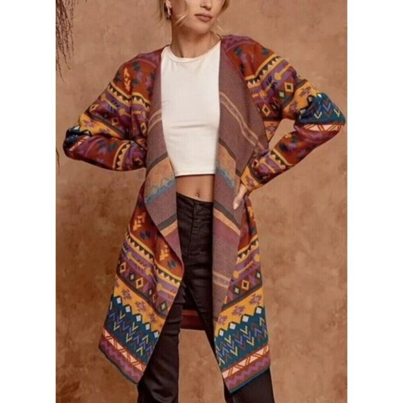 Savanna Jane Sweater Womens Colorful Aztec Open Front Waterfall Boho Size L - Picture 1 of 11